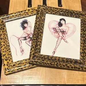 2 Vintage Y2K 8x10 Leopard Print Framed Betty Page Pin-Up Art Set